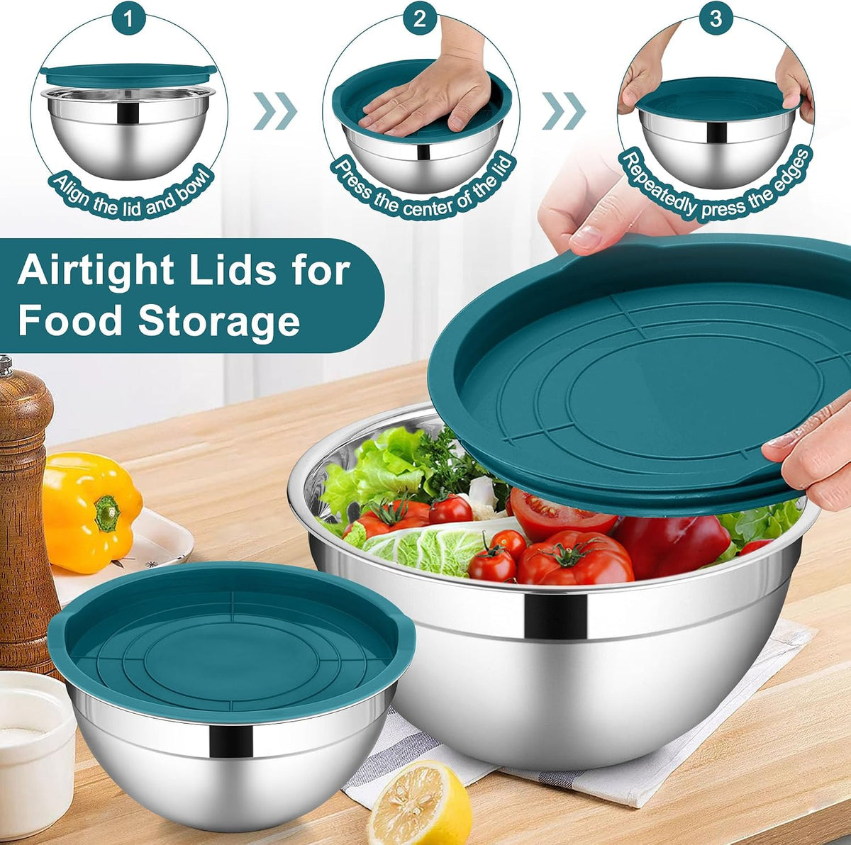 6 PCS Mixing Bowls with Lid Set, Size 7 & 3.5 & 2.5 & 2 & 1.5 & 1QT