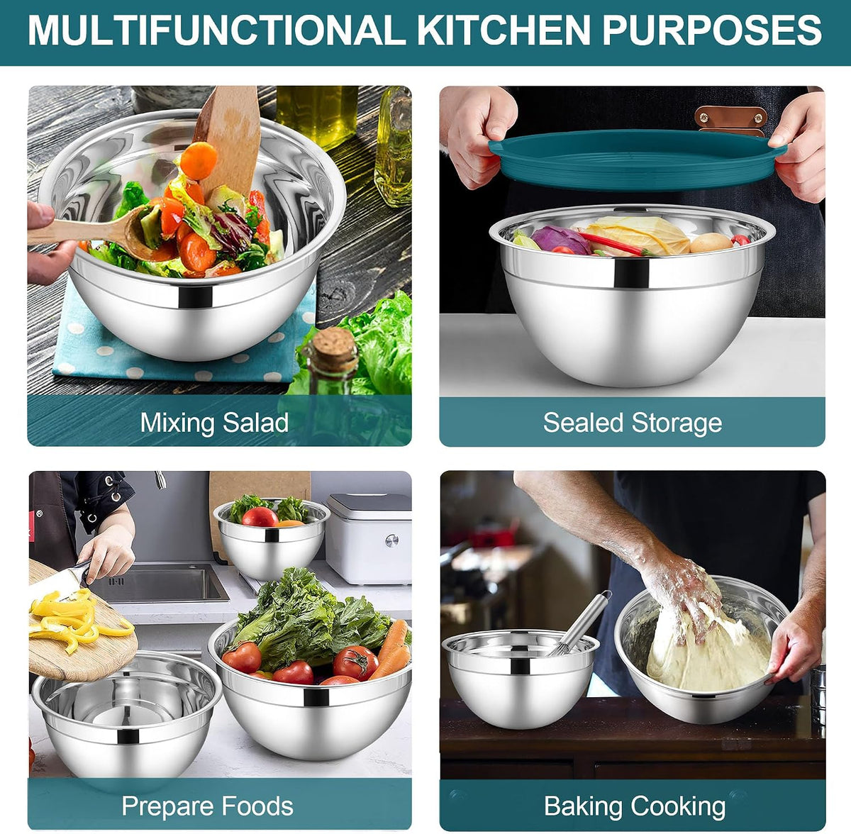 6 PCS Mixing Bowls with Lid Set, Size 7 & 3.5 & 2.5 & 2 & 1.5 & 1QT