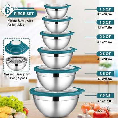 6 PCS Mixing Bowls with Lid Set, Size 7 & 3.5 & 2.5 & 2 & 1.5 & 1QT