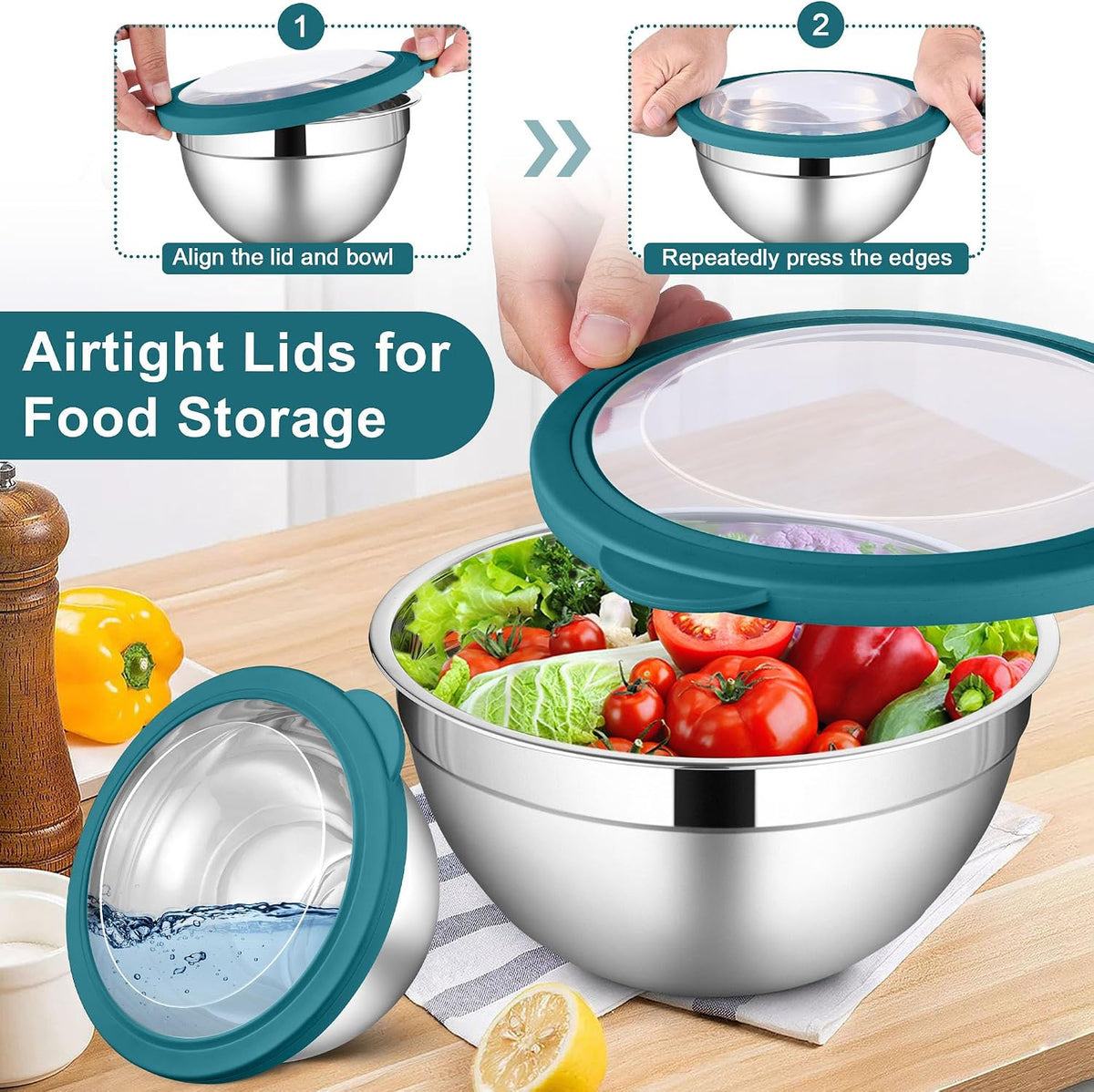 6 PCS Mixing Bowls with Lid Set, Size 7 & 3.5 & 2.5 & 2 & 1.5 & 1QT