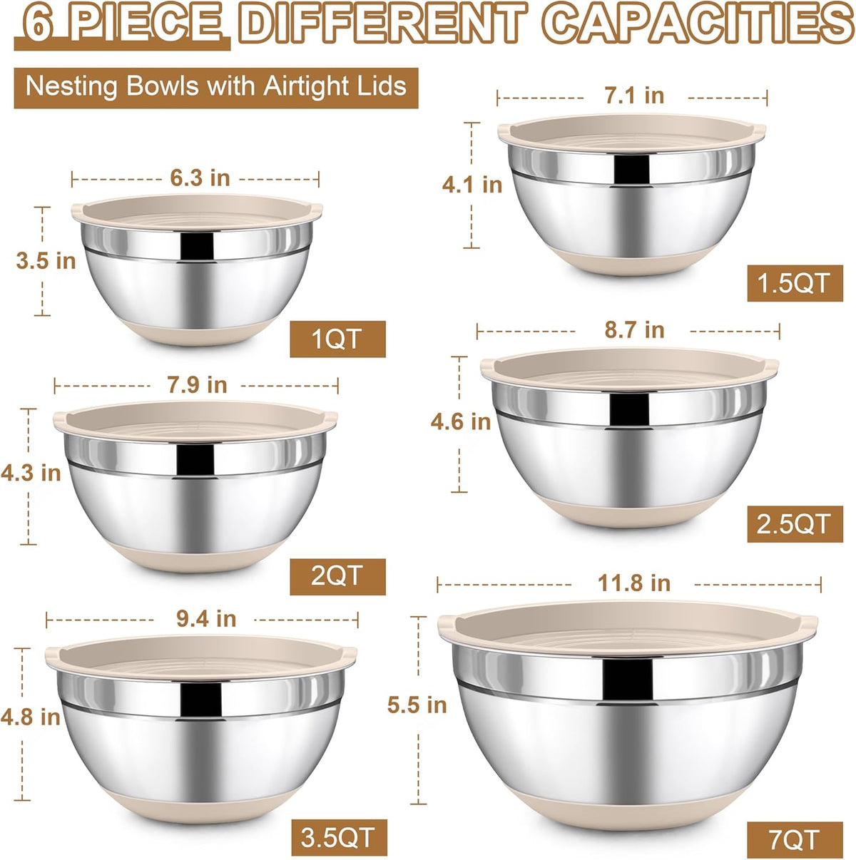 6 PCS Mixing Bowls with Lid Set, Size 7 & 3.5 & 2.5 & 2 & 1.5 & 1QT