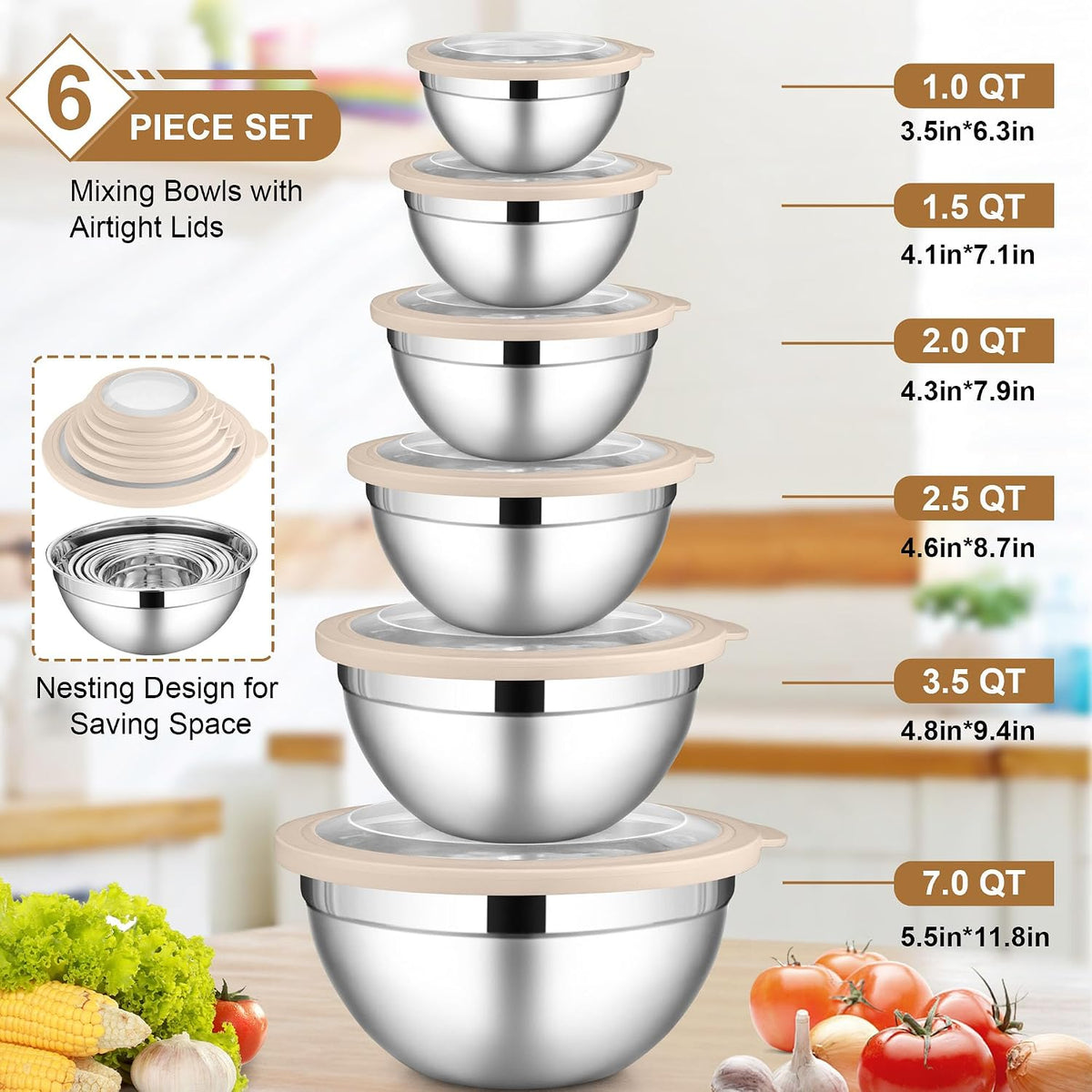 6 PCS Mixing Bowls with Lid Set, Size 7 & 3.5 & 2.5 & 2 & 1.5 & 1QT