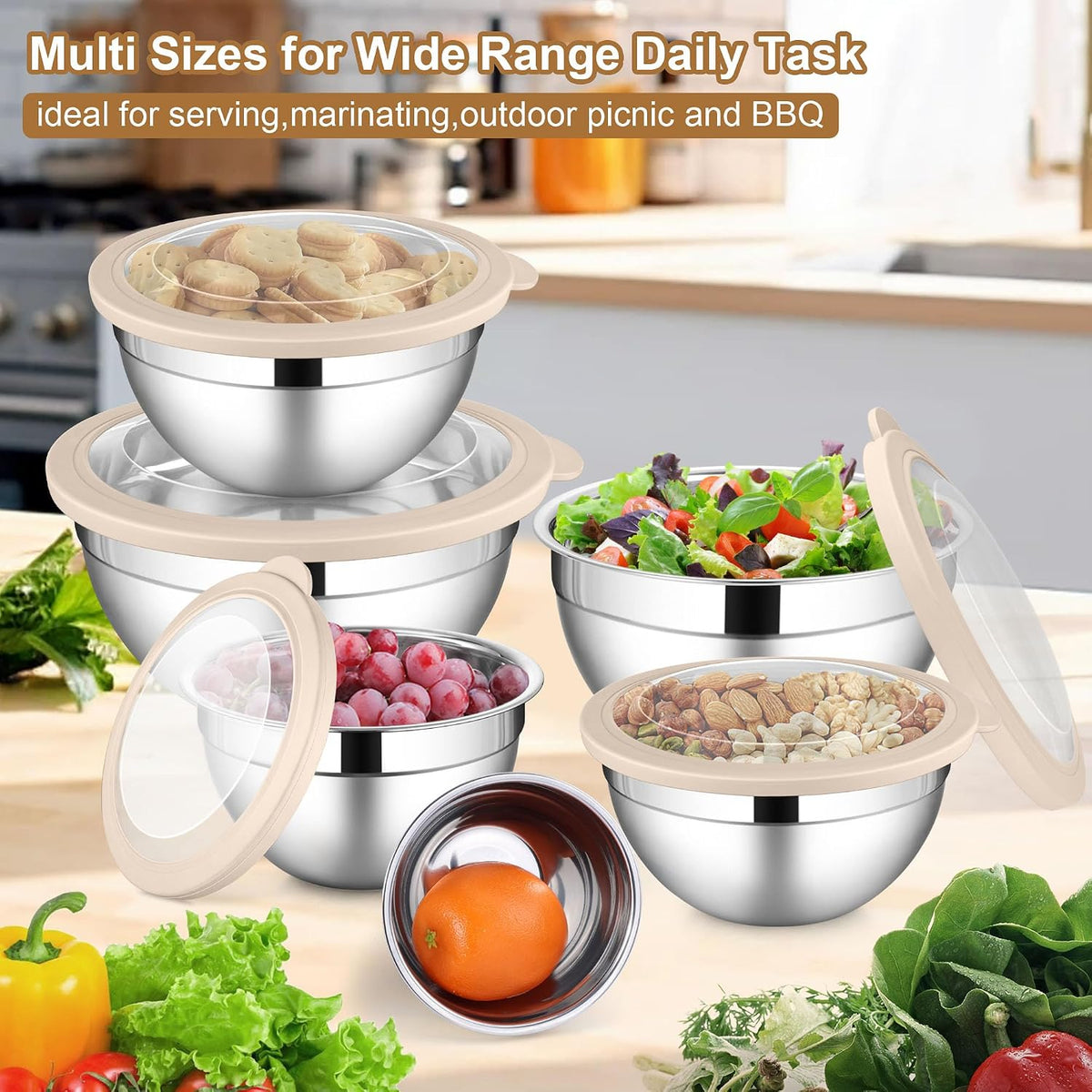 6 PCS Mixing Bowls with Lid Set, Size 7 & 3.5 & 2.5 & 2 & 1.5 & 1QT