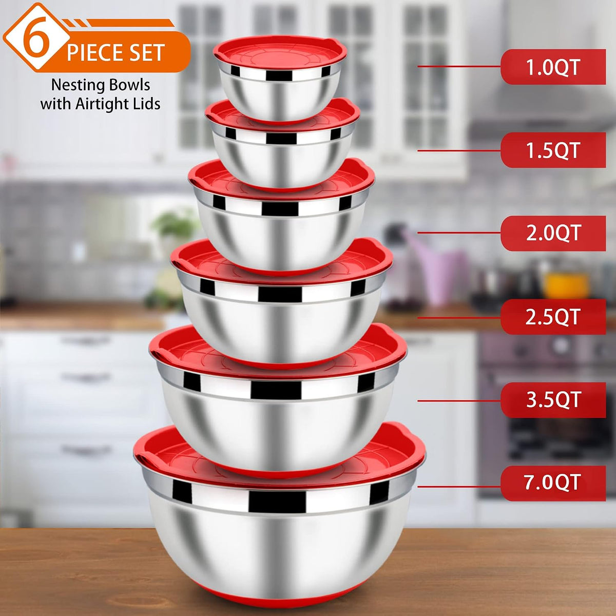 6 PCS Mixing Bowls with Lid Set, Size 7 & 3.5 & 2.5 & 2 & 1.5 & 1QT