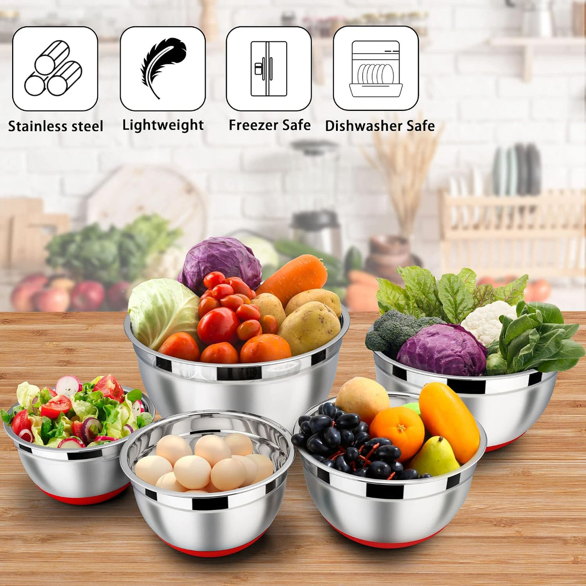 6 PCS Mixing Bowls with Lid Set, Size 7 & 3.5 & 2.5 & 2 & 1.5 & 1QT