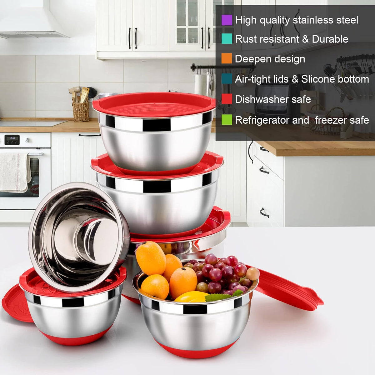 6 PCS Mixing Bowls with Lid Set, Size 7 & 3.5 & 2.5 & 2 & 1.5 & 1QT