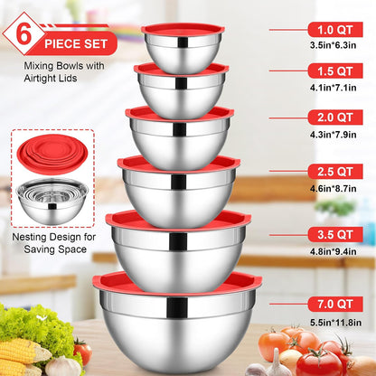 6 PCS Mixing Bowls with Lid Set, Size 7 & 3.5 & 2.5 & 2 & 1.5 & 1QT