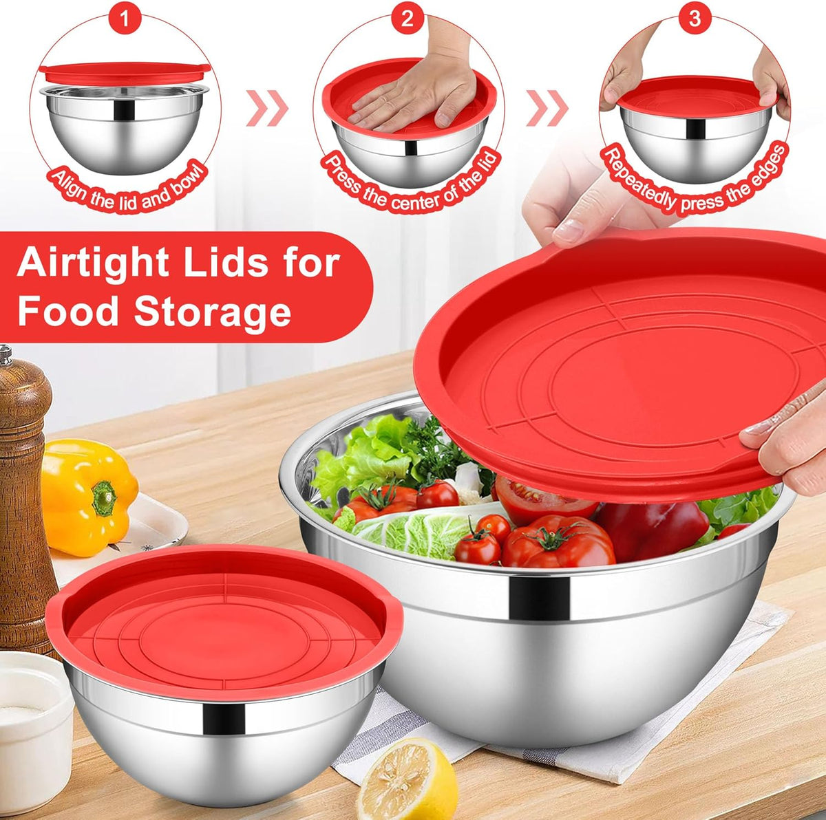 6 PCS Mixing Bowls with Lid Set, Size 7 & 3.5 & 2.5 & 2 & 1.5 & 1QT