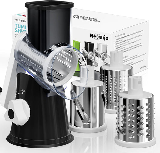 Cheese Grater Hand Crank, Rotary Cheese Shredder with 3 Interchangeable Blades for Coarse, Fine Shredding and Slicing, Strong Suction Base for Pizza, Pasta, Salad, Vegetables, Nuts, Chocolate