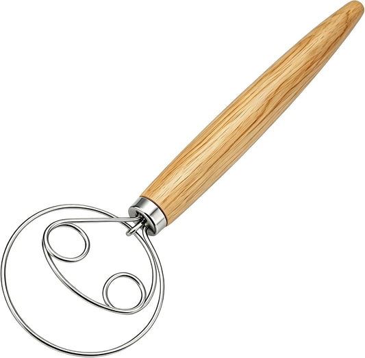 Danish Dough Whisk Stainless Steel Wooden Handle for Sourdough Bread Pizza and Pastry Making