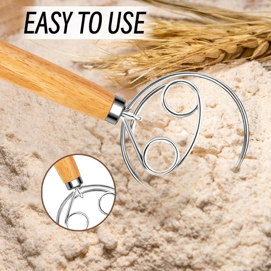 Danish Dough Whisk Stainless Steel Wooden Handle for Sourdough Bread Pizza and Pastry Making