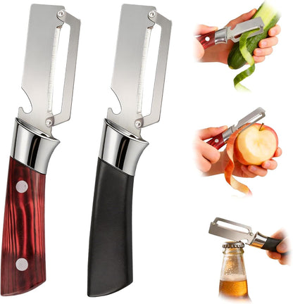 Multifunctional Vegetable Peeler, 3 in 1 Julienne Peeler with Wooden Handle, Vegetable Shredder with Bottle Opener Kitchen Tool for Peeling Veggie Fruit Pineapple Pumpkin Papaya Carrrot(2 Pack)
