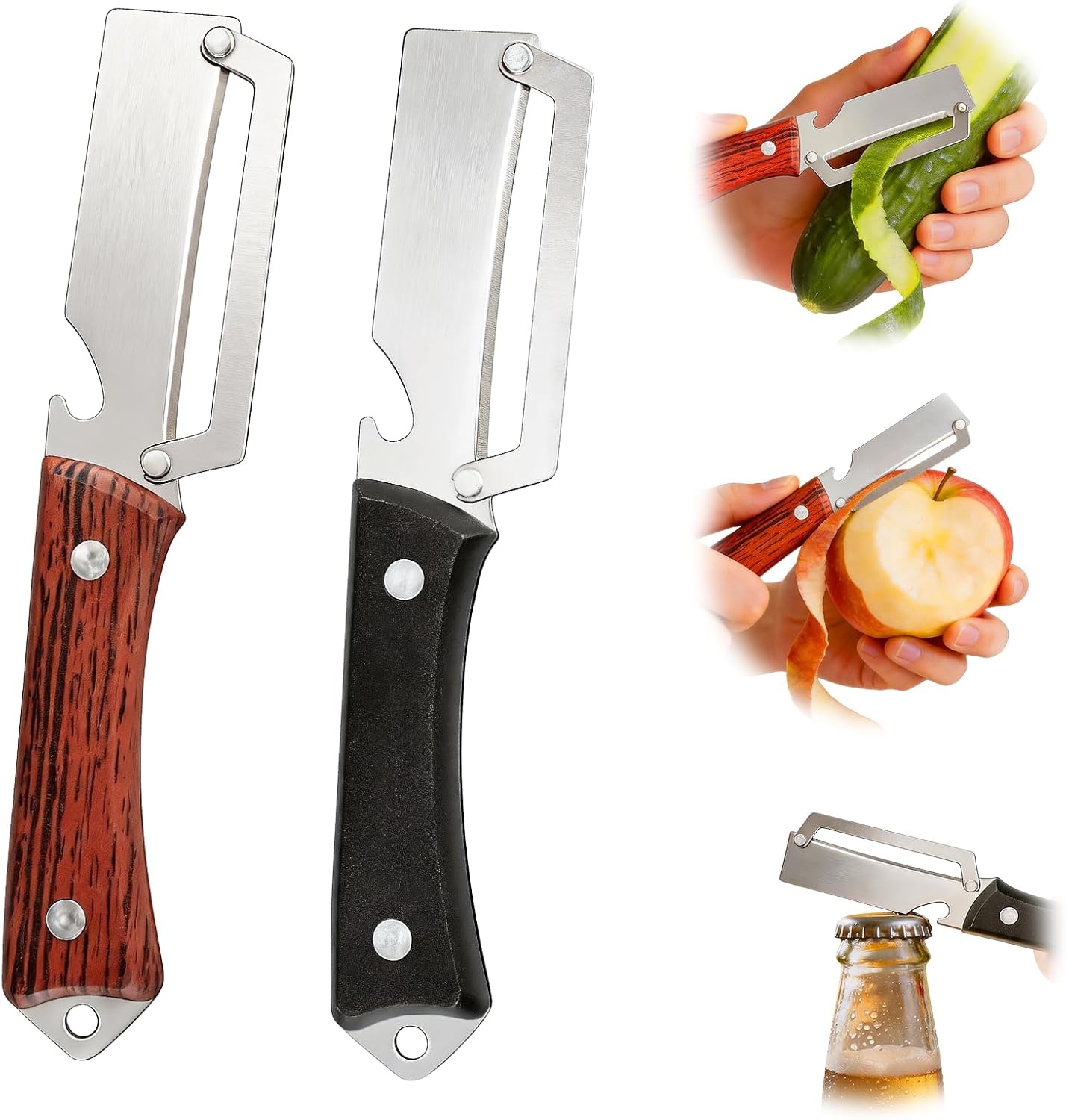 Multifunctional Vegetable Peeler, 3 in 1 Julienne Peeler with Wooden Handle, Vegetable Shredder with Bottle Opener Kitchen Tool for Peeling Veggie Fruit Pineapple Pumpkin Papaya Carrrot(2 Pack)