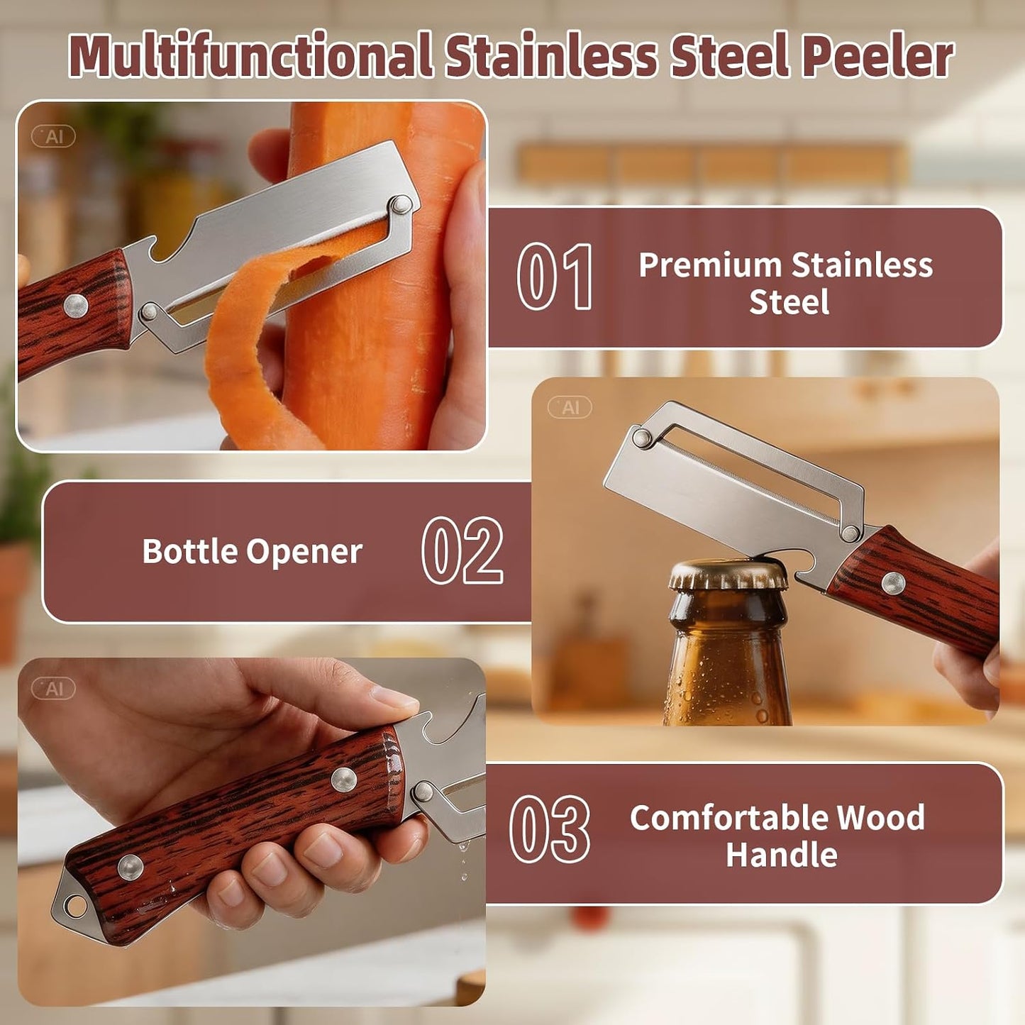 Multifunctional Vegetable Peeler, 3 in 1 Julienne Peeler with Wooden Handle, Vegetable Shredder with Bottle Opener Kitchen Tool for Peeling Veggie Fruit Pineapple Pumpkin Papaya Carrrot(2 Pack)