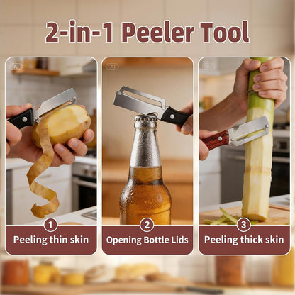 Multifunctional Vegetable Peeler, 3 in 1 Julienne Peeler with Wooden Handle, Vegetable Shredder with Bottle Opener Kitchen Tool for Peeling Veggie Fruit Pineapple Pumpkin Papaya Carrrot(2 Pack)