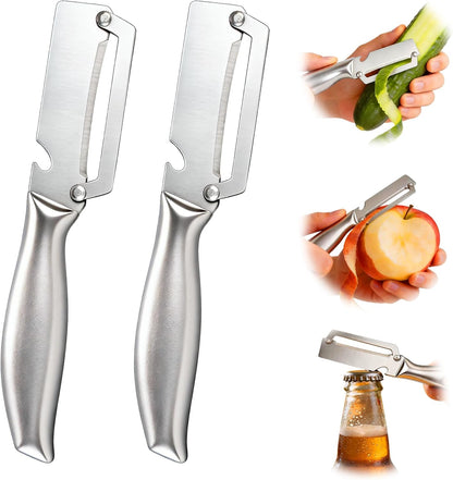 Multifunctional Vegetable Peeler, 3 in 1 Julienne Peeler with Wooden Handle, Vegetable Shredder with Bottle Opener Kitchen Tool for Peeling Veggie Fruit Pineapple Pumpkin Papaya Carrrot(2 Pack)