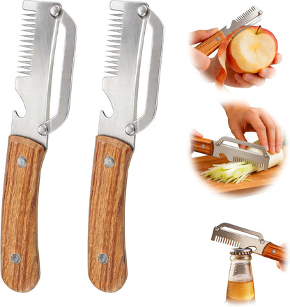 Multifunctional Vegetable Peeler, 3 in 1 Julienne Peeler with Wooden Handle, Vegetable Shredder with Bottle Opener Kitchen Tool for Peeling Veggie Fruit Pineapple Pumpkin Papaya Carrrot(2 Pack)