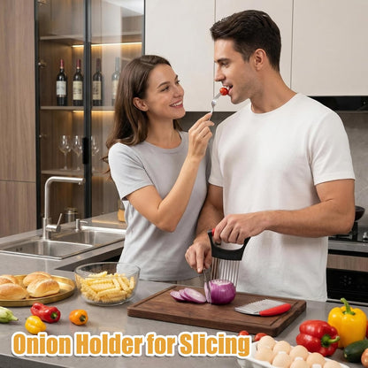 Onion Holder for Slicing, Stainless Steel Guide with French Fry Cutter | Onion holder for slicing guides even cuts and helps protect fingers; includes a wavy cutter for fries and vegetables.