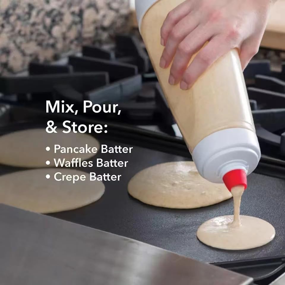 2 Pack Pancake Batter Dispenser Bottle with Mixing Ball, Wide Mouth Squeeze Bottle for Pancake, Waffle, Crepe Batter, Measuring Marked Batter Mixer Cup, No Mess No Drip, Easy Clean Baking Bottle