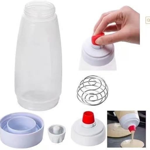 2 Pack Pancake Batter Dispenser Bottle with Mixing Ball, Wide Mouth Squeeze Bottle for Pancake, Waffle, Crepe Batter, Measuring Marked Batter Mixer Cup, No Mess No Drip, Easy Clean Baking Bottle