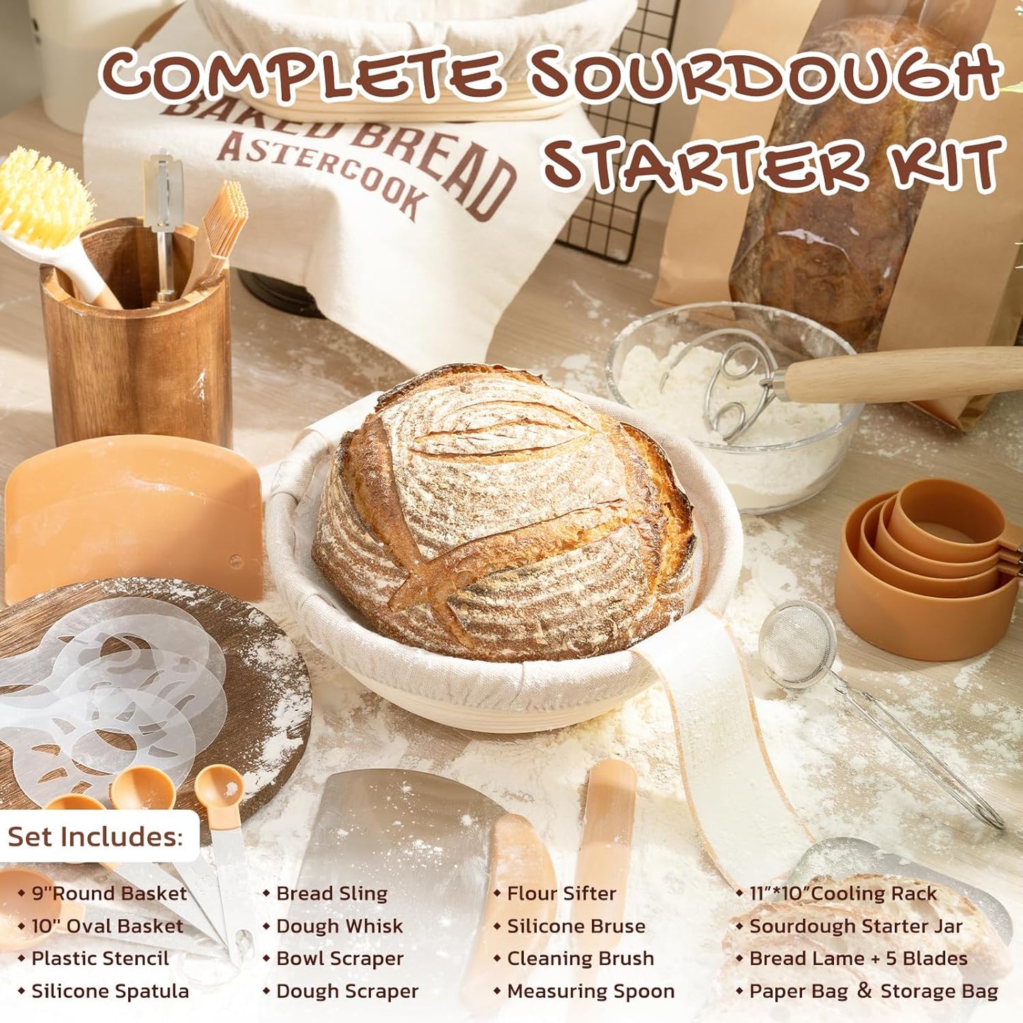 Sourdough Starter Kit with Round & Oval Banneton Bread Proofing Basket, Starter Jar, Dough Whisk, Scrapers, Stencils, Complete Sourdough Bread Baking Supplies, Fathers Day Gift for Men