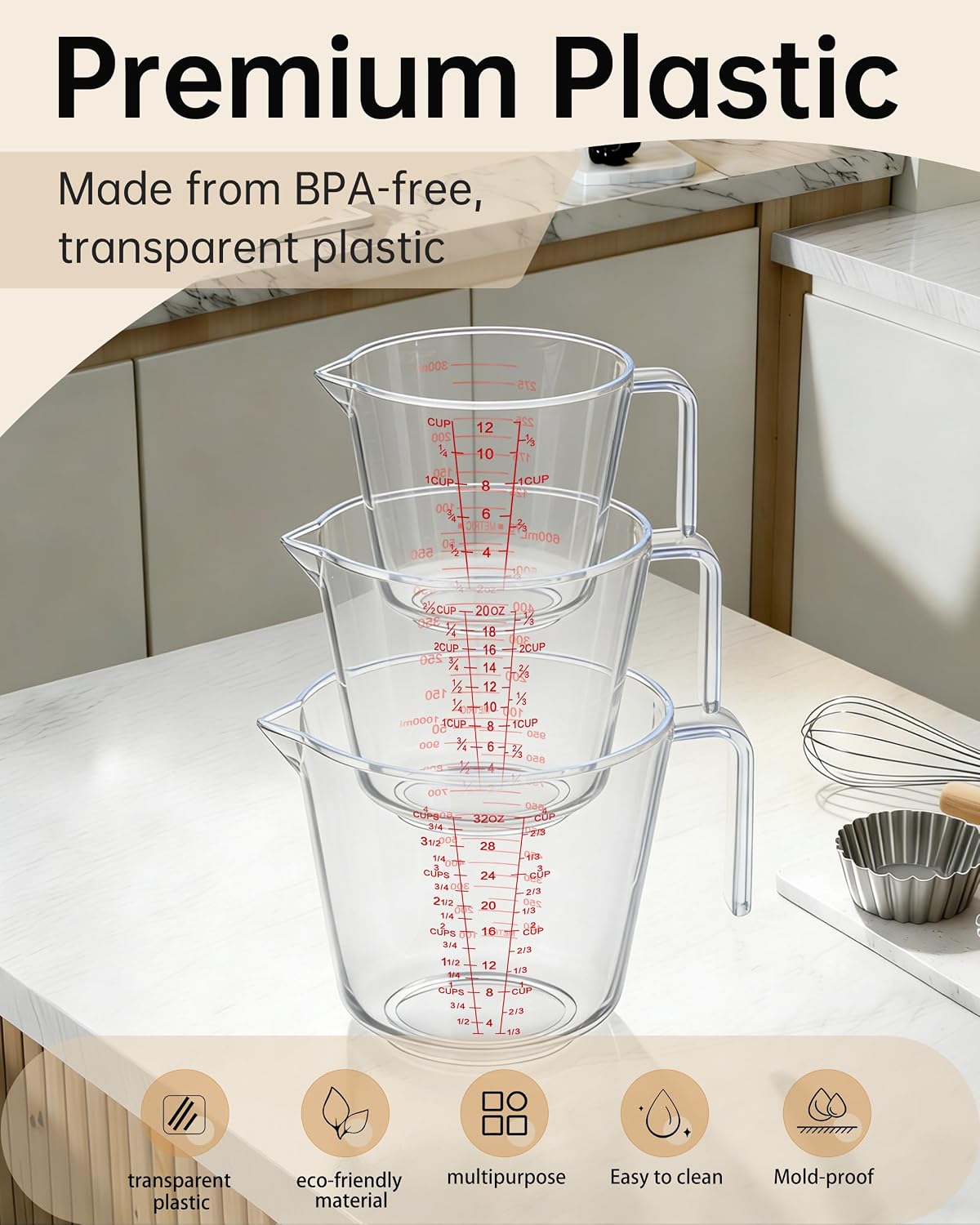 Measuring Cups, Plastic Measuring Cups Set of 3-1000ml, 600ml, 300ml