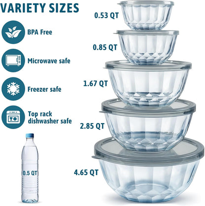 Mixing Bowls with Airtight Lids Sets, 5 Packs Thick Glass Nesting Bowls for Kitchen Baking, Meal Prepping, Bpa Free, Dishwasher Safe, 0.5/0.8/1.6/2.7/4.4 Qt