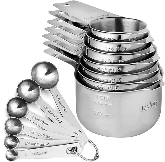 Measuring Cups and Spoons Set - Premium 13-Piece Stainless Steel, 7 Cups & 6 Spoons, Stackable, Ideal for Accurate Liquid and Dry Ingredient Measurement.