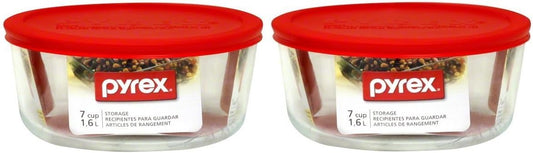 7203 (7-Cup) Glass Bowl with Red Lid (2-Pack) - Made in USA | BPA Free Cover | Tempered Glass | Sculpted Design | Secure Closure | Refrigerator Ready | Top Rack Safe Use | Meal Prep