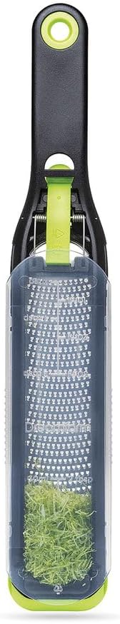Ozest Self-Cleaning Zester with Pop Button - 1mm Fine Zesting | Grates fine, citrus zest, parmesan, nutmeg and spices with concave, sharp stainless steel plane and non-slip silicone foot