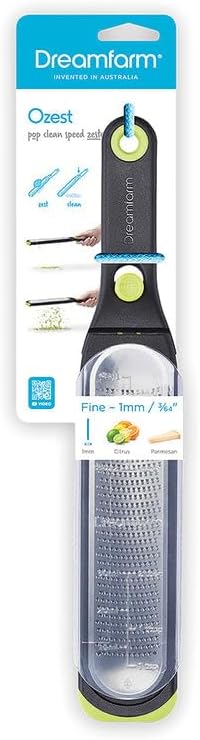 Ozest Self-Cleaning Zester with Pop Button - 1mm Fine Zesting | Grates fine, citrus zest, parmesan, nutmeg and spices with concave, sharp stainless steel plane and non-slip silicone foot