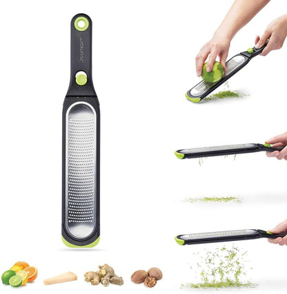 Ozest Self-Cleaning Zester with Pop Button - 1mm Fine Zesting | Grates fine, citrus zest, parmesan, nutmeg and spices with concave, sharp stainless steel plane and non-slip silicone foot