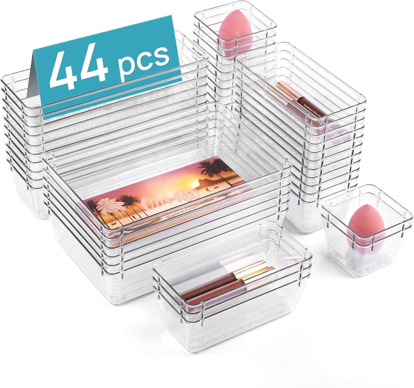 44 PCS Clear Plastic Drawer Organizers Set, Vanity Organizer Trays | 4-Size Versatile Makeup Organizer, Non-Slip Storage Containers for Makeup, Jewelries, Bedroom，Kitchen Utensils and Office