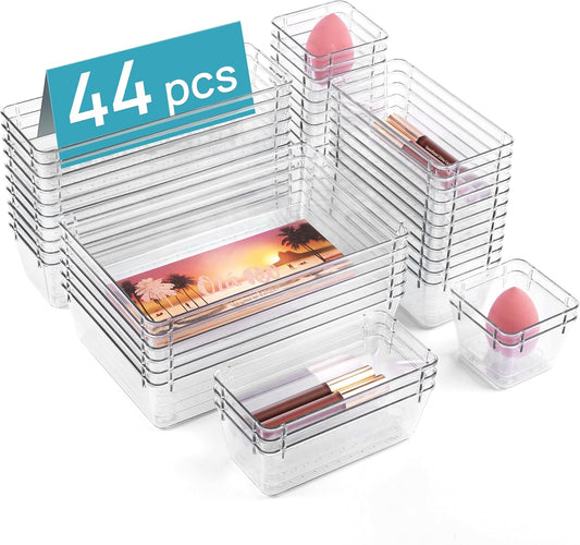 44 PCS Clear Plastic Drawer Organizers Set, Vanity Organizer Trays | 4-Size Versatile Makeup Organizer, Non-Slip Storage Containers for Makeup, Jewelries, Bedroom，Kitchen Utensils and Office