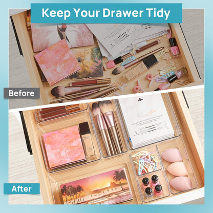 44 PCS Clear Plastic Drawer Organizers Set, Vanity Organizer Trays | 4-Size Versatile Makeup Organizer, Non-Slip Storage Containers for Makeup, Jewelries, Bedroom，Kitchen Utensils and Office