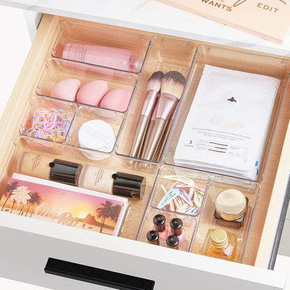 44 PCS Clear Plastic Drawer Organizers Set, Vanity Organizer Trays | 4-Size Versatile Makeup Organizer, Non-Slip Storage Containers for Makeup, Jewelries, Bedroom，Kitchen Utensils and Office