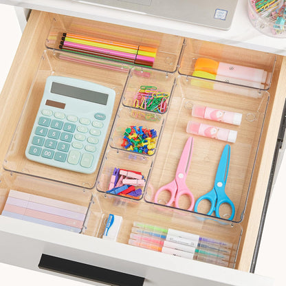 44 PCS Clear Plastic Drawer Organizers Set, Vanity Organizer Trays | 4-Size Versatile Makeup Organizer, Non-Slip Storage Containers for Makeup, Jewelries, Bedroom，Kitchen Utensils and Office