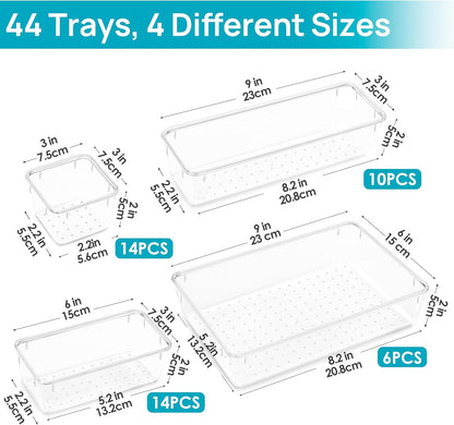 44 PCS Clear Plastic Drawer Organizers Set, Vanity Organizer Trays | 4-Size Versatile Makeup Organizer, Non-Slip Storage Containers for Makeup, Jewelries, Bedroom，Kitchen Utensils and Office