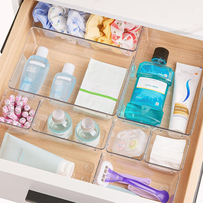 44 PCS Clear Plastic Drawer Organizers Set, Vanity Organizer Trays | 4-Size Versatile Makeup Organizer, Non-Slip Storage Containers for Makeup, Jewelries, Bedroom，Kitchen Utensils and Office