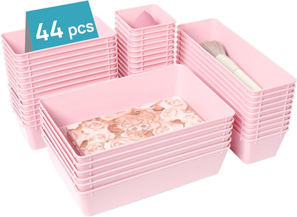 44 PCS Clear Plastic Drawer Organizers Set, Vanity Organizer Trays | 4-Size Versatile Makeup Organizer, Non-Slip Storage Containers for Makeup, Jewelries, Bedroom，Kitchen Utensils and Office