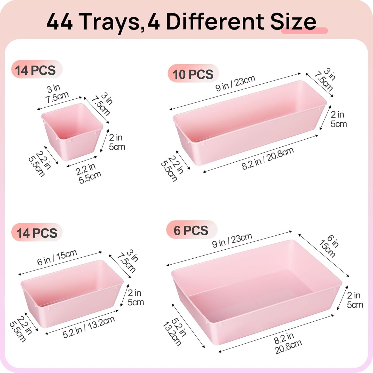 44 PCS Clear Plastic Drawer Organizers Set, Vanity Organizer Trays | 4-Size Versatile Makeup Organizer, Non-Slip Storage Containers for Makeup, Jewelries, Bedroom，Kitchen Utensils and Office