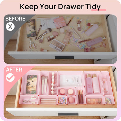 44 PCS Clear Plastic Drawer Organizers Set, Vanity Organizer Trays | 4-Size Versatile Makeup Organizer, Non-Slip Storage Containers for Makeup, Jewelries, Bedroom，Kitchen Utensils and Office