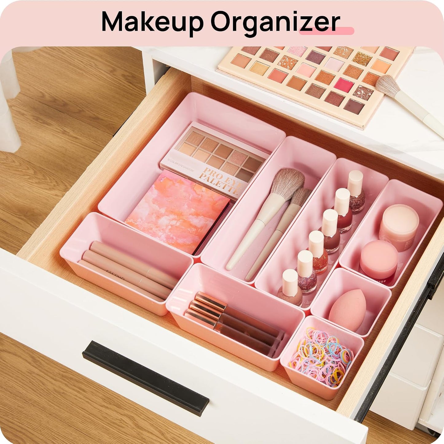 44 PCS Clear Plastic Drawer Organizers Set, Vanity Organizer Trays | 4-Size Versatile Makeup Organizer, Non-Slip Storage Containers for Makeup, Jewelries, Bedroom，Kitchen Utensils and Office