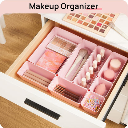 44 PCS Clear Plastic Drawer Organizers Set, Vanity Organizer Trays | 4-Size Versatile Makeup Organizer, Non-Slip Storage Containers for Makeup, Jewelries, Bedroom，Kitchen Utensils and Office