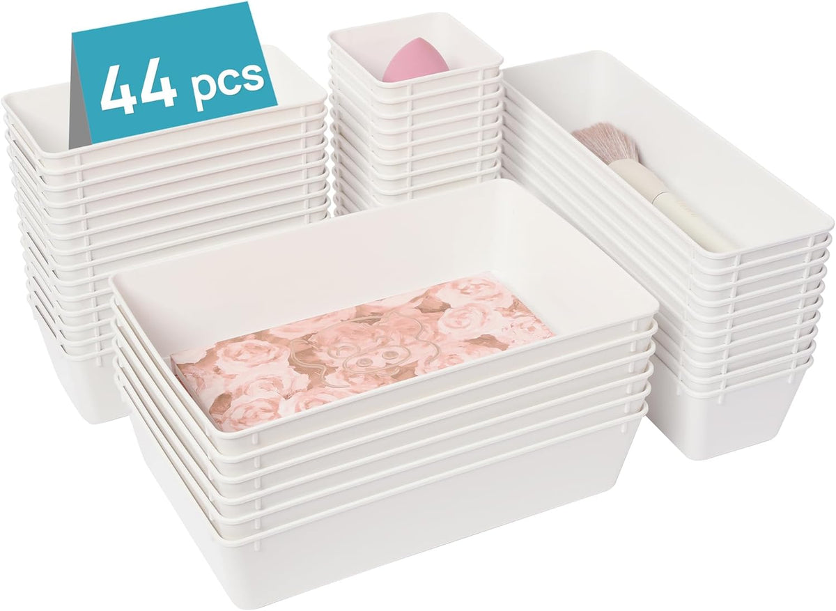 44 PCS Clear Plastic Drawer Organizers Set, Vanity Organizer Trays | 4-Size Versatile Makeup Organizer, Non-Slip Storage Containers for Makeup, Jewelries, Bedroom，Kitchen Utensils and Office