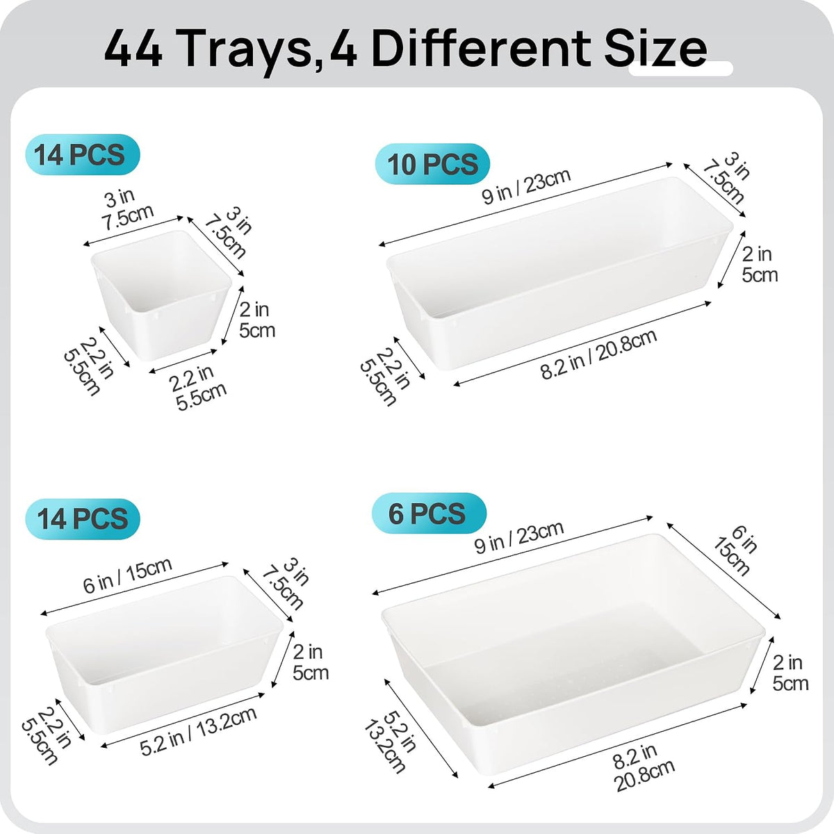 44 PCS Clear Plastic Drawer Organizers Set, Vanity Organizer Trays | 4-Size Versatile Makeup Organizer, Non-Slip Storage Containers for Makeup, Jewelries, Bedroom，Kitchen Utensils and Office