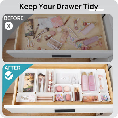 44 PCS Clear Plastic Drawer Organizers Set, Vanity Organizer Trays | 4-Size Versatile Makeup Organizer, Non-Slip Storage Containers for Makeup, Jewelries, Bedroom，Kitchen Utensils and Office