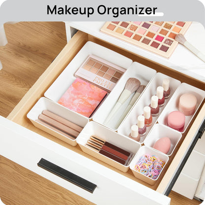 44 PCS Clear Plastic Drawer Organizers Set, Vanity Organizer Trays | 4-Size Versatile Makeup Organizer, Non-Slip Storage Containers for Makeup, Jewelries, Bedroom，Kitchen Utensils and Office