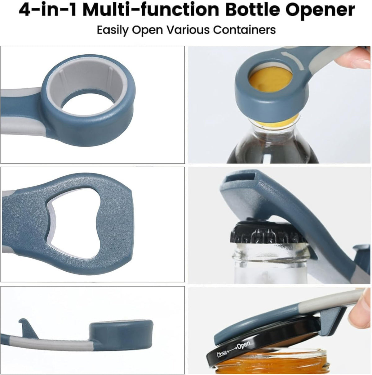 Pop Bottle Opener 4-in-1 Jar Top Twist Cap Remover Multifunctional Soda Can Tabs Opener for Seniors Grip Water Lid Lifter Kitchen Gadgets for Arthritis Easy Canning Tool Protector (Bule)