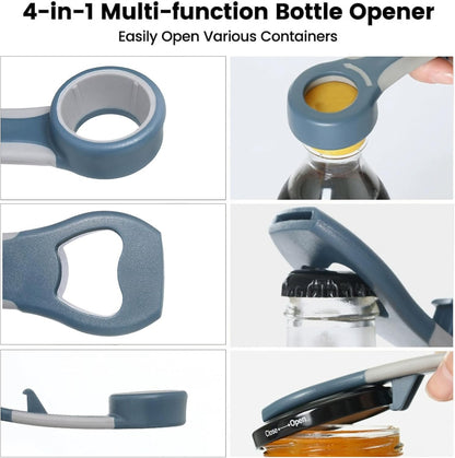 Pop Bottle Opener 4-in-1 Jar Top Twist Cap Remover Multifunctional Soda Can Tabs Opener for Seniors Grip Water Lid Lifter Kitchen Gadgets for Arthritis Easy Canning Tool Protector (Bule)